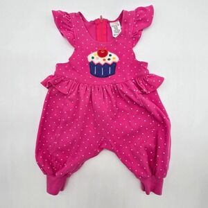 Vintage Baby Girl Pink Cupcake Polka Dot Ruffle Romper Jumper 3 Months